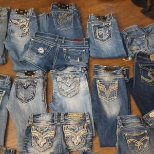 Rock Revival Blue Flare Wide Leg Jeans with Embellished Stitching